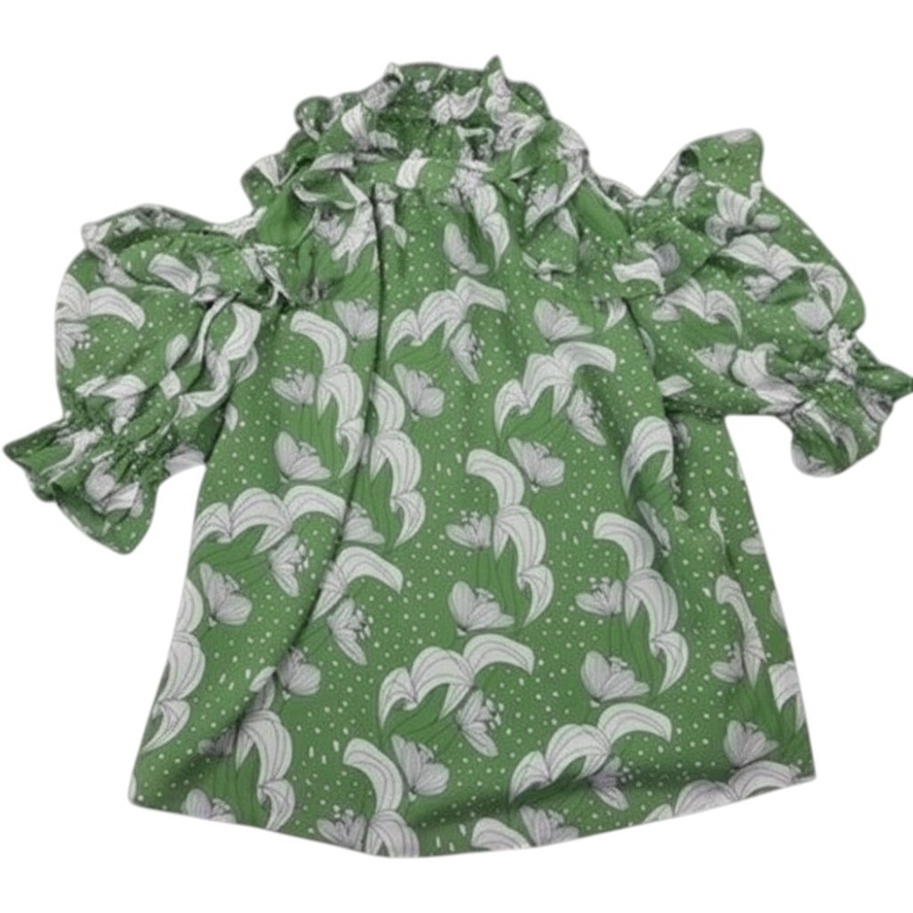 Max Studio Blouse Womens Small Green Floral Cold Shoulder Ruffleβ Top Romantic